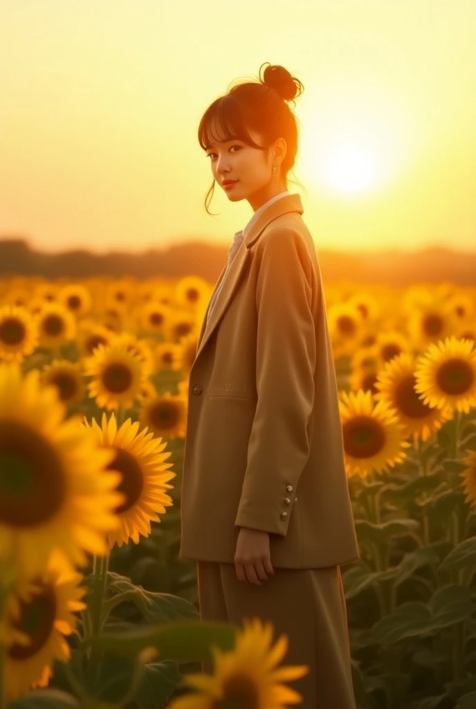 Ultra-realistic, 8k, highly detailed、Sunflower field at sunrise 、 The most beautiful woman in Japan, she has big eyes and a diligent smile 、Similar to Yamamoto Aya 、Wearing 2024 fall trend fashion, Im standing in the center of a sunflower field and butcher...