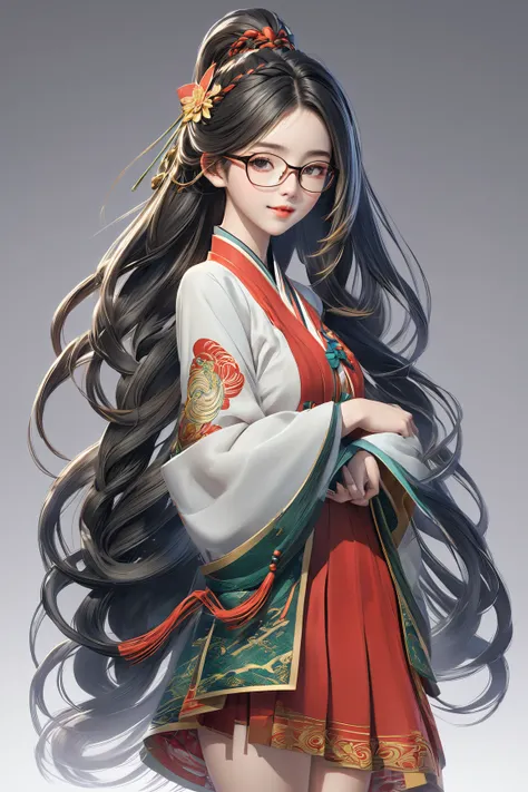  Best Quality ,  High Resolution ,  high detail , Shiroka Academy ，Women， Double Braid Long Hair, Glasses，Chinese clothing，skirt，Booklet ，