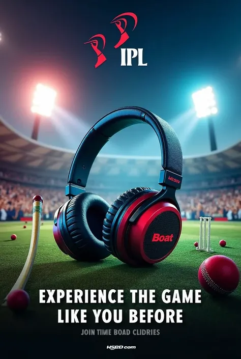 Create a vibrant, high-energy poster featuring boAt headphones in the context of an IPL cricket theme. Place a stylish pair of boAt headphones at the center, showcasing their sleek design with bold colors and modern aesthetics. Surround the headphones with...