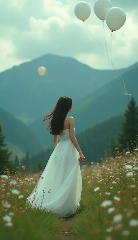  as beautiful as a movie, wearing a white and darkness green dress. Beautiful Asian woman walking in the mountains ， looking in the direction of the camera , Full of flowers,  soap bubble balloons flying ...

 dark sky , and darkness， Canon camera captures...