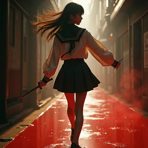 ExtremelyDetailed (Kuriyama Chiaki in Kill Bill), High definition face with Innocence, Haunting Beautiful Reflective Eyes, Long strides and low posture, WholeBody Shot from Random ViewPoint, Wielding KATANA with only one hand, the other hand is Dancing in ...