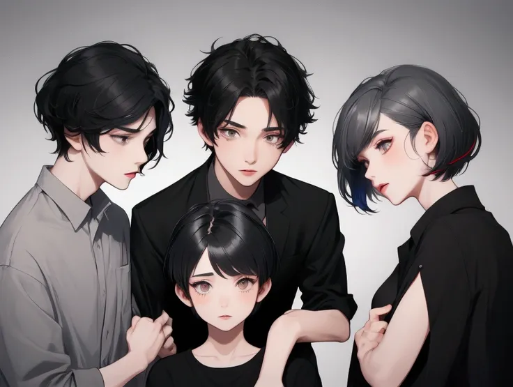 1 boy with short grey hair, 1 boy with short black hair, 3 girls 1 with short grey hair 1 with short black hair 1 with long black red highlights hair