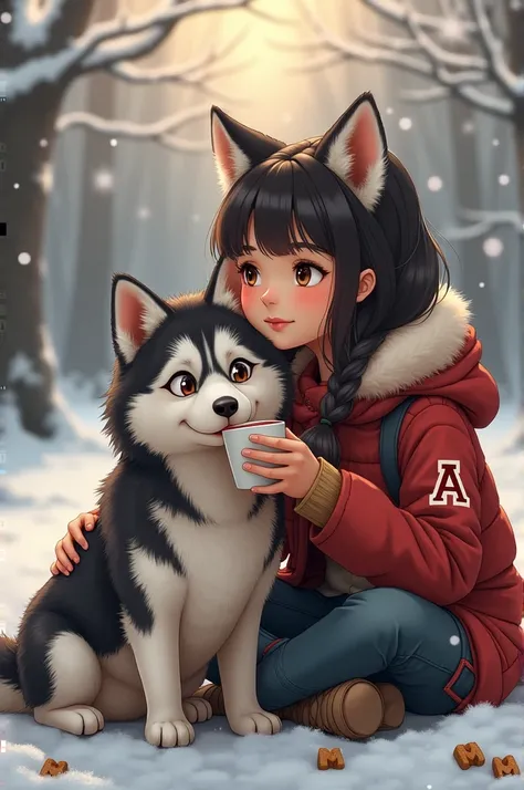  young girl drinking coffee in the winter ,wearing a jacket with a  "a", with her husky dog who eats an m-shaped kibble 