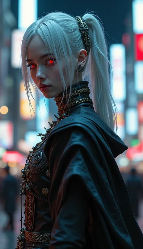 Create an image of an androgynous-looking epic Realism Asian, with silver hair, red eyes, and porcelain white skin, and with fancy medieval clothes, dynamic angle, Tokyo night city