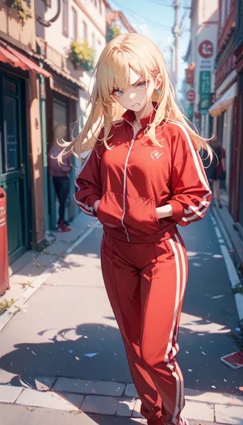 (masterpiece, best quality),nsfw, 1girl, blonde hair, medium long hair, slant eyes,angry,red tracksuit,on the street,