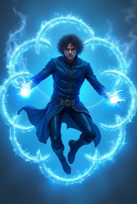 a handsome hunky slender cute clean cut curly mage in a blue micro scales textured tight fit leather spandex costume with gloves and belt and boots, hovering in mid-air, casting a spell with multiple glowing blue magic circles surrounding him intricate gea...