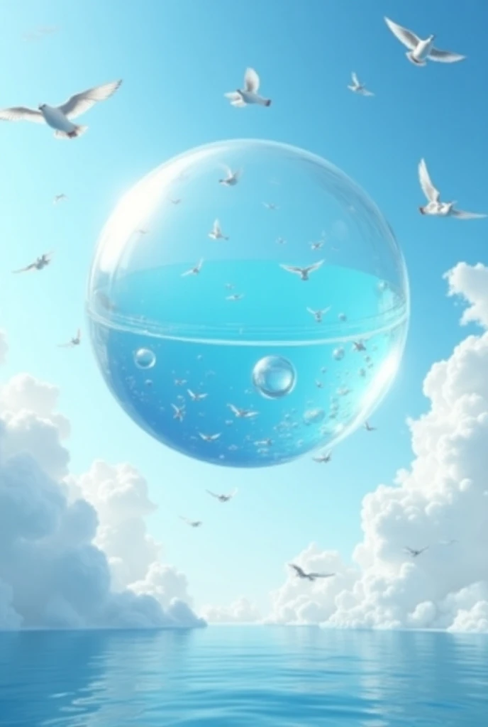 A giant water bubble with birds swimming in the air and clouds floating around like little puffy marshmallows.)