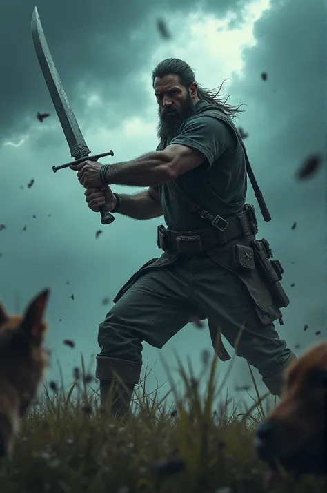 Man holding a sword in a dark lightening day to save animals from bad people