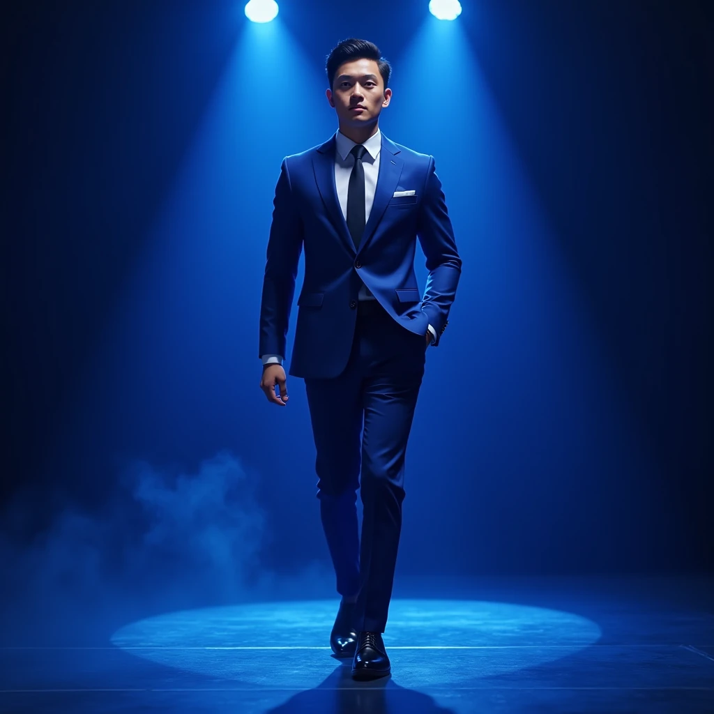 Hyper realistic detail image of a young vietnamese man. Muscular. Wears blue formal suit and black shoes. Walking on a stage with blue LED background. Solo, Looking at viewer, Anatomically Correct, High Resolution, High Details, Short Hair, 