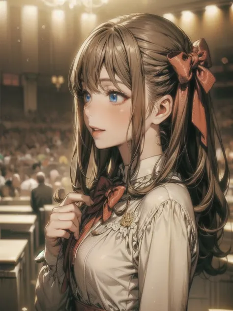 ( extremely delicate and beautiful : 1.2),  1 girl, bangs,  blue eyes, Blur, Blur background, bow, Brown Hair, shut up,  side view,  hair between eyes , hair bow, lanthanum, Particles of light,  long sleeve ,  watching the audience, curly hair,  Knight , r...