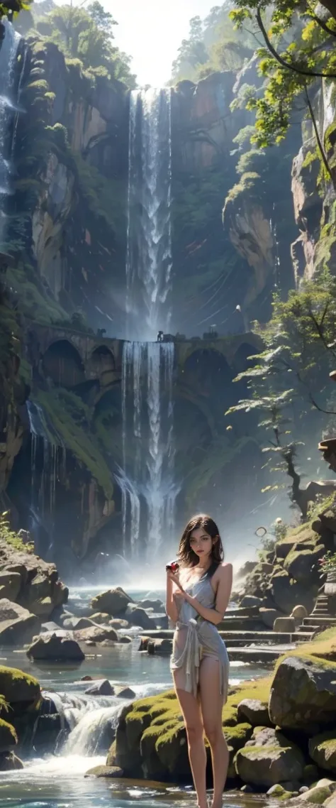 ((masterpiece, Highest quality, Best image quality, High resolution, Realistic, RAWphotograph, 8k)), young woman photograph of a waterfall with her cell phone, Next to the waterfall, cell phone photograph, with waterfalls, standing in front of a waterfall,...