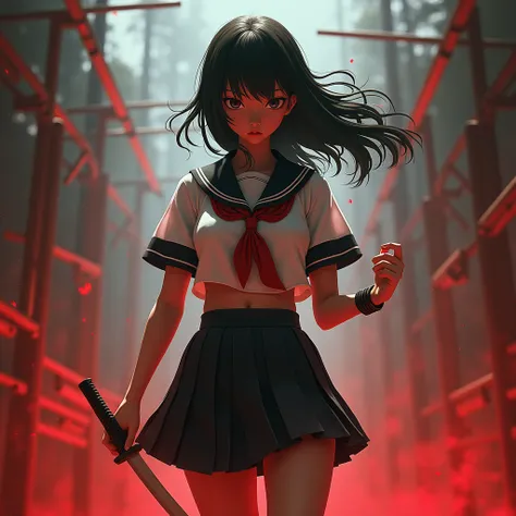 ExtremelyDetailed (Kuriyama Chiaki in Kill Bill), High definition face with Innocence, Haunting Beautiful Reflective Eyes, in Very Wide Stance, WholeBody Shot from Random ViewPoint, Wielding KATANA with only one hand, the other hand is Dancing in the air, ...