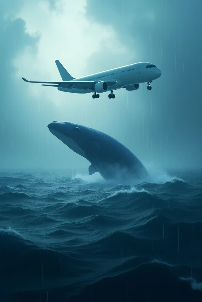 A airplane fly on sea on blue whale in rain season with natural light 
