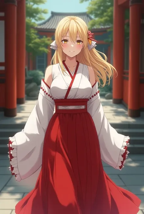 Blonde busty high school girl wearing shrine maiden costume