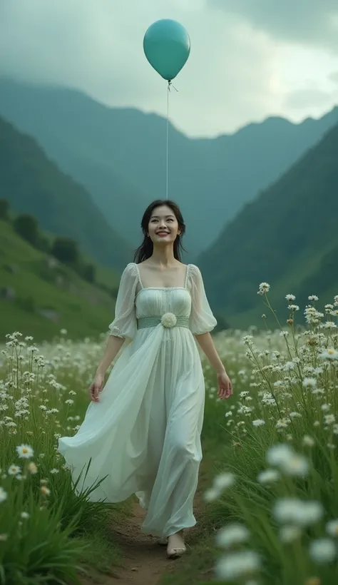  like a movie, wearing a white and darkness green dress. Beautiful Asian woman walking in the mountains ，Beautiful oriental woman looking at the front of the camera , Full of flowers,  soap bubble balloons flying ...

 dark sky , and darkness， Canon camera...