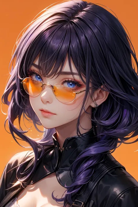 raiden shogun, purple hair, purple eyes, a girl wearing trendy orange sunglasses , with an orange background, portrait