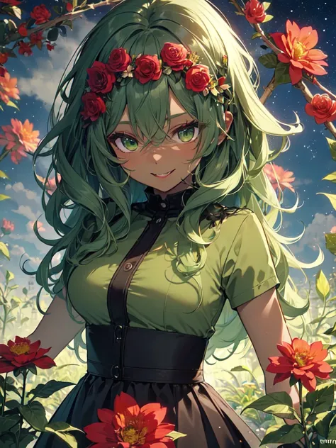 (alone:1.5)、(one person:1.5)、anime、Goblin female、(Dark green skin:1.5)、( Black Long Dress)、(Light green hair, curly wavy hair, long hair, green eyes)、(Red flower hair ornament:1.5)、Big Breasts、Lipstick Makeup、Eyeshadow Makeup、Pointed Ears、Bared Fangs、Muscu...