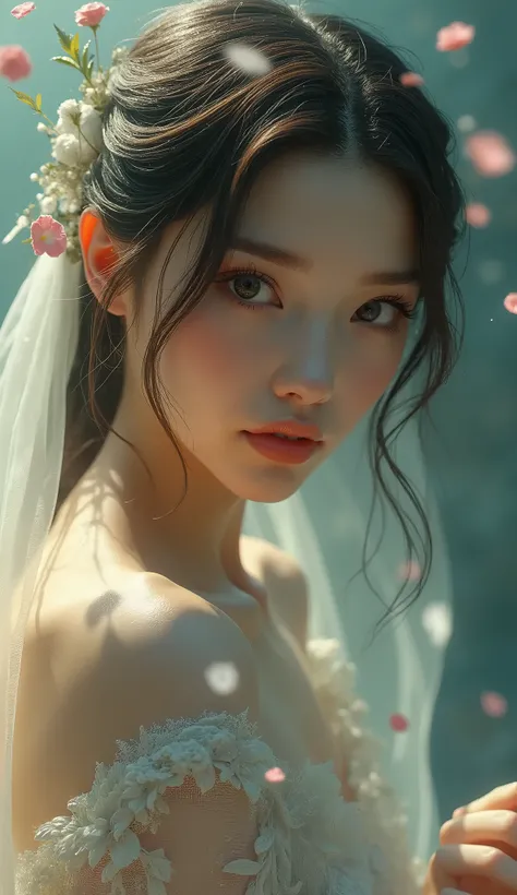 a mystical fantasy scene, 1girl, detailed eyes, detailed lips, extremely detailed face, long eyelashes, glowing ethereal skin, flowing dress, rose petals, intricate leaf patterns, soft lighting, dramatic lighting, vivid colors, photorealistic, highly detai...