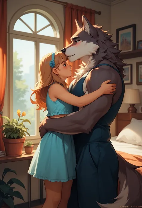 (amime), quality, duo, height_difference,
anthro, male, [wolf: naked:1.35, blushing:1.2], 
, human , female, , (crop_top:1.3), , (dress:1.2), , young, 
, (shading), shadow,(bedroom:1.3), window, plant pot, hugging,