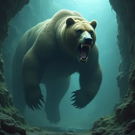 A massive bear with rough fur and sharp shark-like teeth, swimming through an underwater cave with a fierce look.