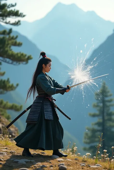 high quality photo: ((Samurai girl,in Japanese armor, slashes with sword(katana, Japanese samurai sword) at drop of water ,)blade cuts it in two), parts of the drop fly in all directions,sun rays sparkle on them, on mountain clearing, against the backgroun...