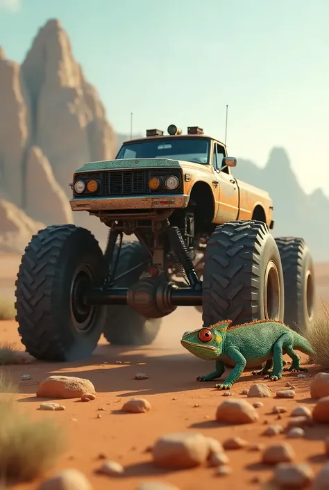 Create a cinematic scene, where there is a monster truck and a cameleon, side by side, hyper realistic style.