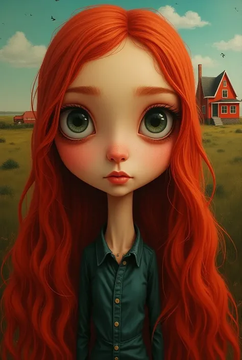 a painting of a woman with long red hair and a house in the background, a detailed painting inspired by Jeremiah Ketner, trending on cg society, pop surrealism, detailed big eyes, great digital art with details, whimsical art, pop surrealism lowbrow art st...