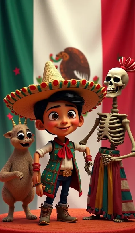  Characters from the movie "Coco" de disney,  characters in the background of the Mexican flag 