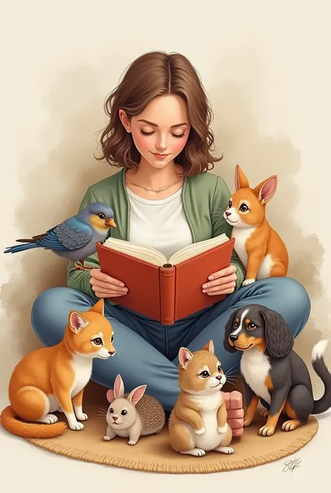 A drawing of a woman reading a book accompanied by her six pets
