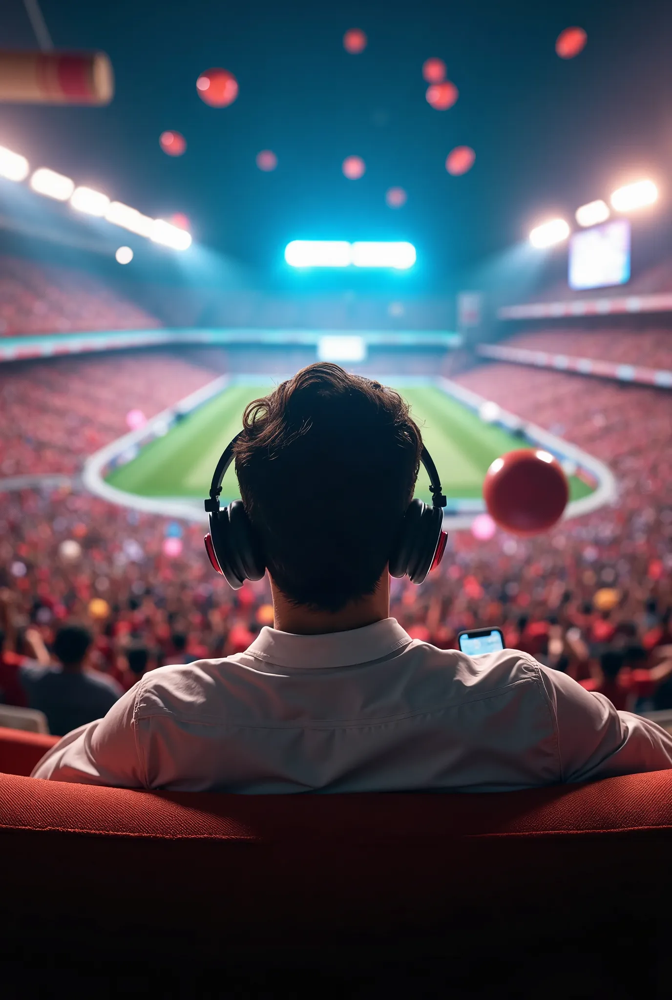 design a scene featuring a man sitting comfortably on a sofa, wearing stylish boat headphones while watching a cricket match on ...