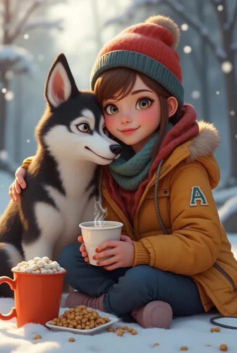  shaped kibble A young human girl drinking coffee in the winter wearing a jacket with the letter a,with his Husky dog who is eating some m-shaped croquettes