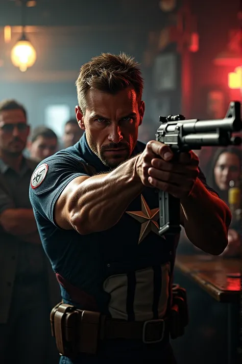  Create a picture of the captainAmerican character an angry expression while holding a rifle and firing towards the front. The background shows a dimly lit bar with customers reacting to the scene 