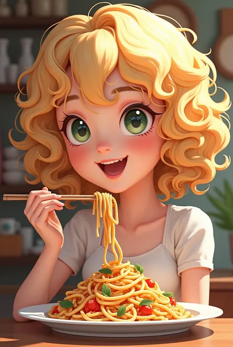 Kawaii woman,  curly and blond hair ,  who eats Chinese pasta