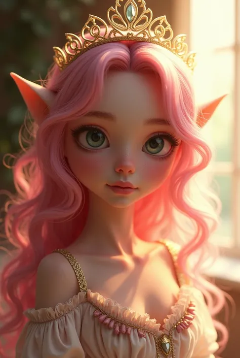 A beautiful young princess, curly pink hair, indoors, soft lighting, window with sunlight, with piglin ears and a tiara