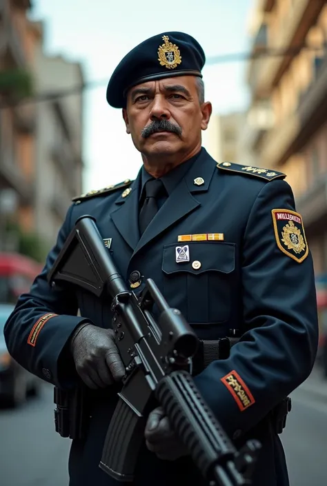 An Officer of the São Paulo Military Police,  holding a gun ,8k, With a mustache 