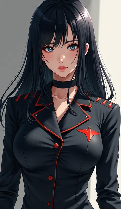 Painel de tokyo revengers,  female, beautiful face, good body , blue eyes, long hair, smooth and black, com uniforme Tokyo Manji