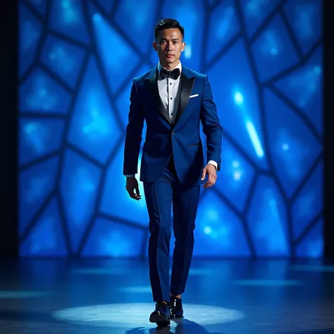 Hyper realistic detail image of a young thailand man. Muscular. Wears blue formal tuxedo and black shoes. Walking on a stage with blue LED patterned background. Solo, Looking at viewer, Anatomically Correct, High Resolution, High Details, Short Hair, brigh...