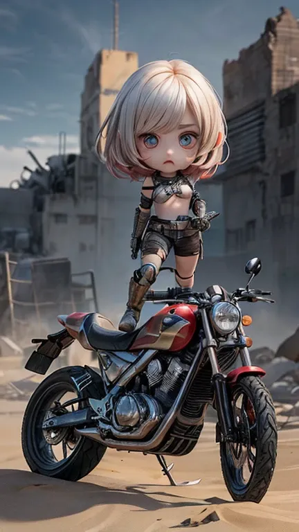 1 girl, solo, {beautiful and detailed eyes}, calm expression, hair blown by the breeze, delicate facial features, Blunt bangs, beautiful Russian girl, eye smile, very small earrings, 22yo, ((model pose)),(A woman riding a motorcycle through a post-apocalyp...