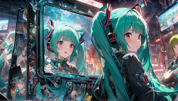 In the mirror、Mirror Prison 、 movie scene、 Imprint Image、8k、 Hatsune Miku、 green hair、、Smartphone、 digital world 、digital cage、Blunt Bangs、 red eye color 、Super detailed、8k、bubble、Right blue water 、nice、bright、 green haired girl 、 Digital Splash