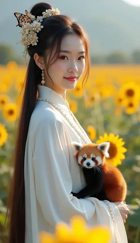  Chinese long-haired woman wearing an ancient white Chinese costume, 1 cute little butterfly,  A red panda on the shoulder , A field of sunflowers , Outward, Ultra-high definition image quality,  Canon camera captures ，The large aperture blur the backgroun...