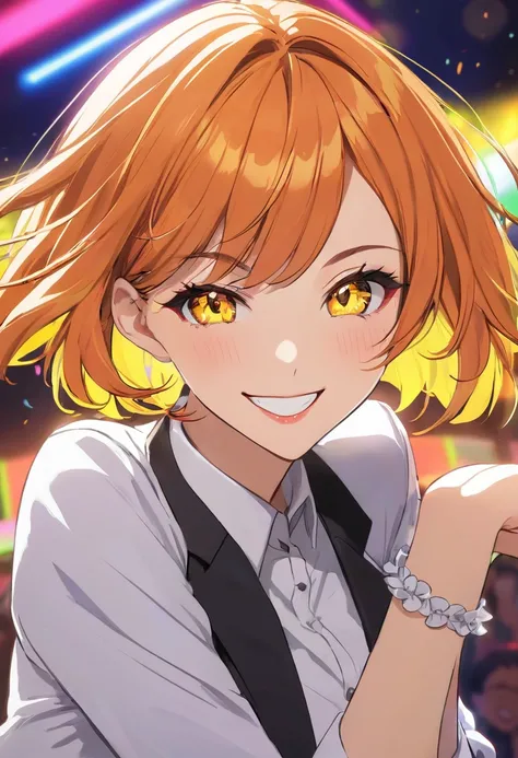  Cool Adult Woman 、 orange short hair and yellow eyes、Office Lady Clothes、Neon stage background 、 bullish smile  、( Face Closeup )、Dance