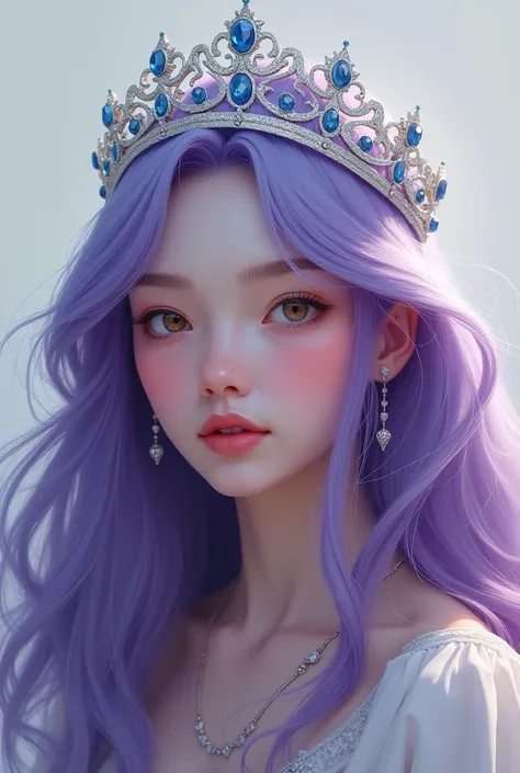 Montre moi un portrait dune princesse, Purple Hair, Well-groomed but a bit detached, with a white gold crown and blue diamonds 