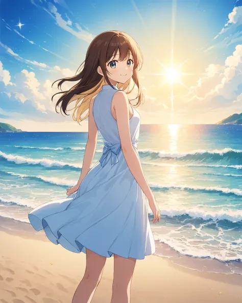 Love Hoshino, 1 girl, Alone, white_ dress,  staring _in_ viewer,  beach , Outdoor,  ocean, smile,  staring _return, day,  sleeveless_ dress, sun dress, skirt_hold, from_Behind, null, Wave, cloud, Standing in a star shape_student,Symbol type_student,. nice,...