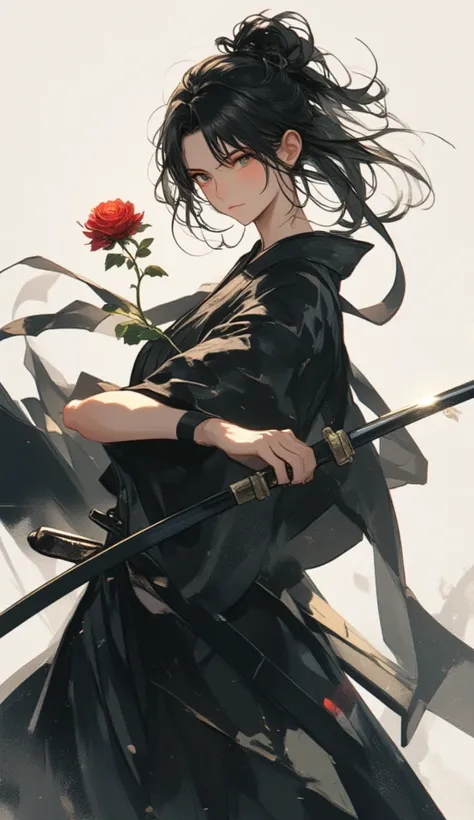 (Masterpiece、High image quality、 high definition、4K、8k、 detail)、 A beautiful female samurai, in a calm posture, swings her sword down and cuts off a single rose. The sword thrusts with precision, separating the rose from its stem in mid-air. She wears a je...