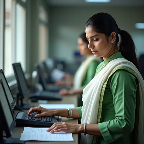 Hd image of Billing staff lady near billing machine, working, standing,on hand bills, wearing green colour kurti and white shawl