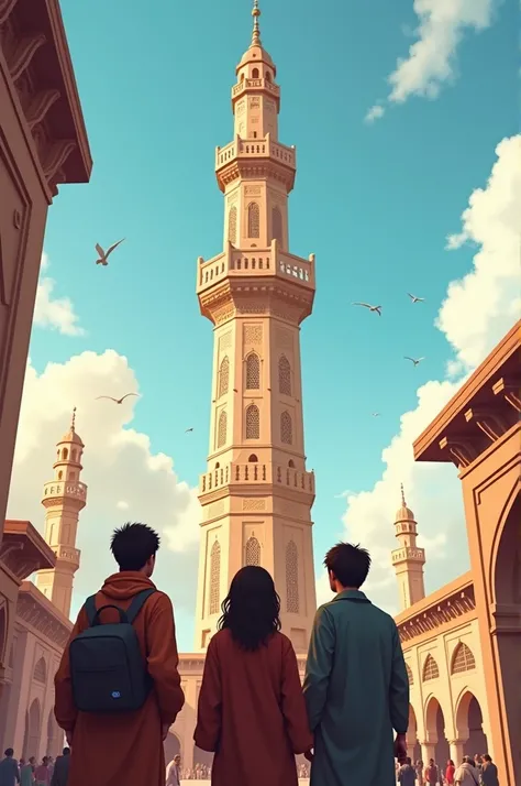 3 friends are standing in front of a big minaret