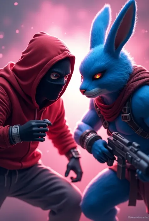 The appears to be a promotional graphic for a gaming match-up, featuring two character designs. On the left, theres a character wearing a mask and a red hoodie, while on the right is a blue anthropomorphic rabbit warrior. The text "ONE TAP ONLY" suggests a...