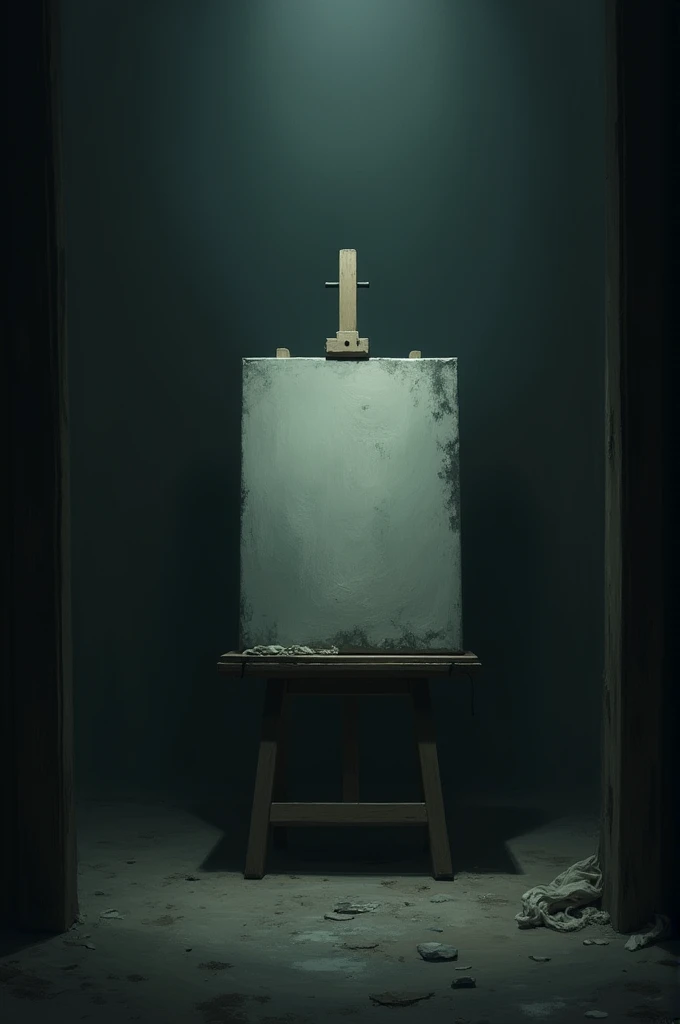 "A dimly lit, empty easel stands alone in the dark room, surrounded by shadowy, unfinished paintings. The scene feels tense and mysterious, with soft, ominous lighting casting long shadows. A faint, ghostly light highlights the empty canvas, as if hinting ...