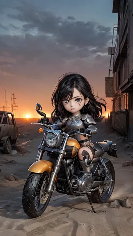 1 girl, solo, {beautiful and detailed eyes}, calm expression, hair blown by the breeze, delicate facial features, Blunt bangs, beautiful Russian girl, eye smile, very small earrings, 22yo, ((model pose)),(A woman riding a motorcycle through a post-apocalyp...