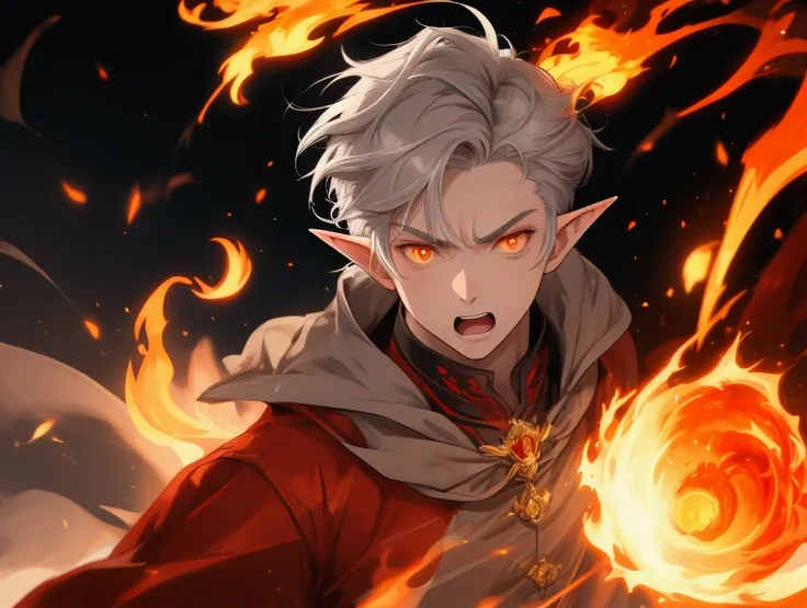 1 boy with short grey hair, elf ears, throwing huge fire Phoenix , angry facial expression, full fire aura around his body